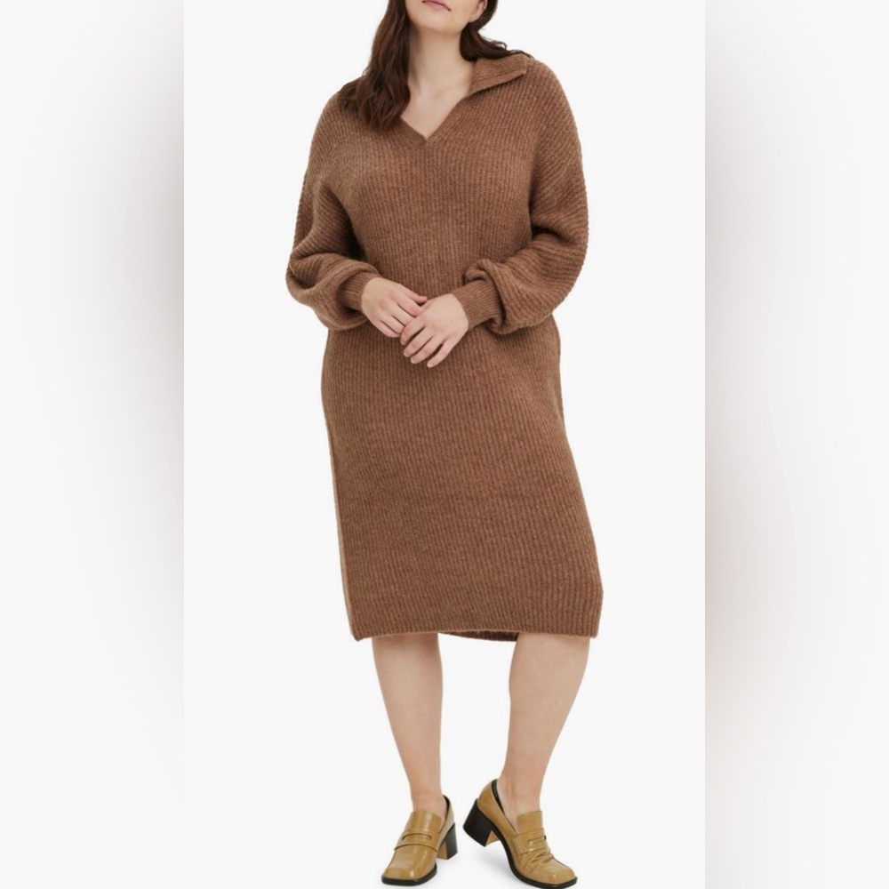 Long Sleeve Collared Brown Midi Polo Sweater Dress